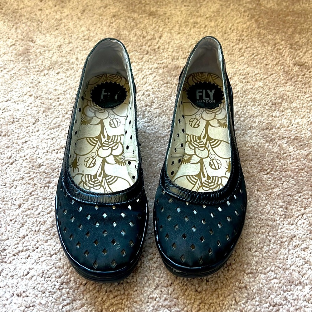 Fly London leather yika laser cut wedge shoes